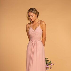 NEW LONG OFF THE SHOULDER SLEEVELESS CHIFFON DRESS WITH HALTER NECKLINE GL2606